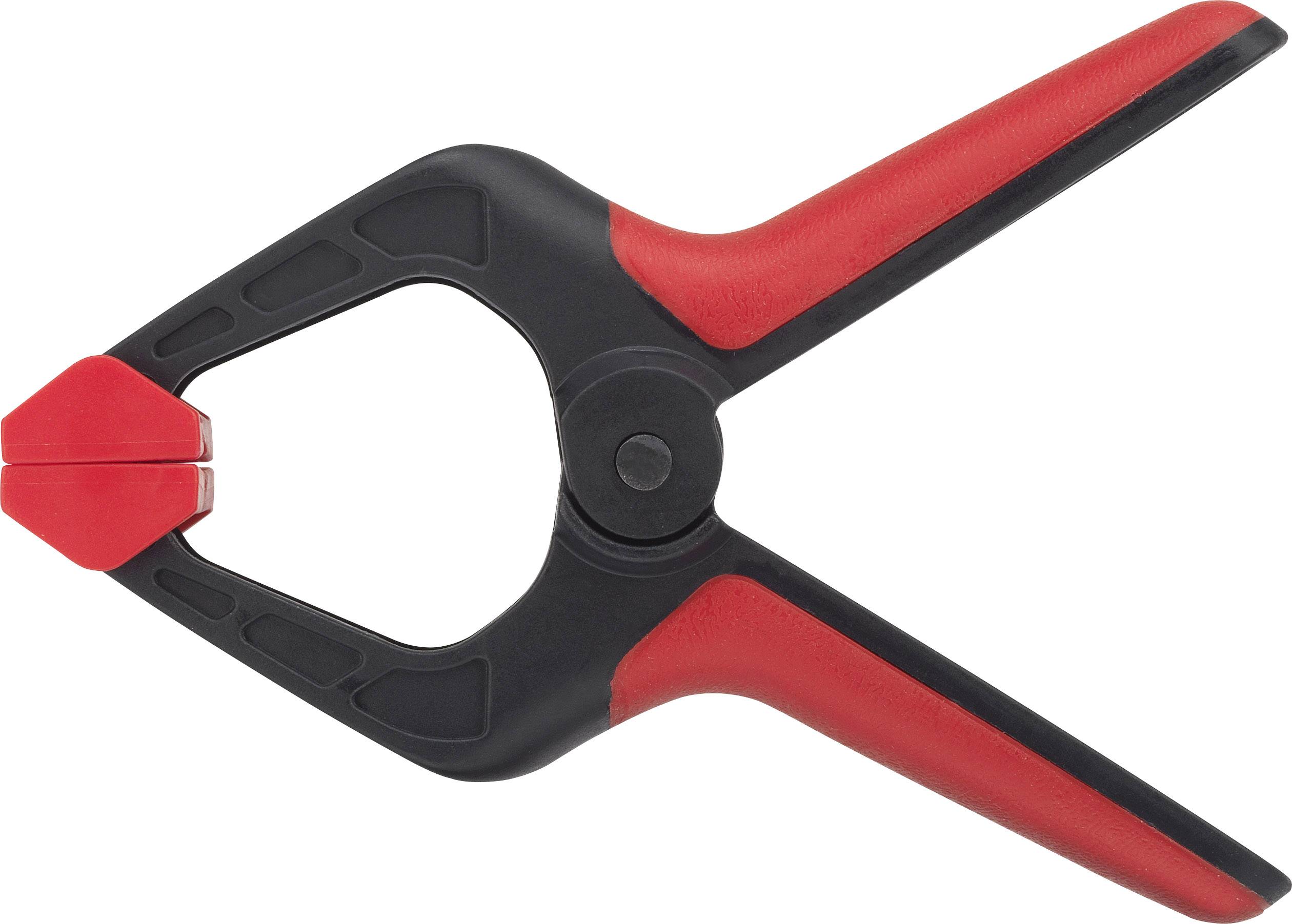 Eine rote und schwarze Klemmzwinge aus Kunststoff, die zum Fixieren von Werkstücken verwendet wird.