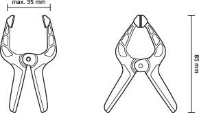 Zwei technische Zeichnungen einer Klemme, links mit Maßangabe 'max. 35 mm', rechts Seitenansicht der Klemme.
