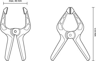Zeichnung von zwei Klemmzangen: links frontal, rechts seitlich. Maße: Breite 40 mm, Höhe 115 mm. Technisches Design mit Details.