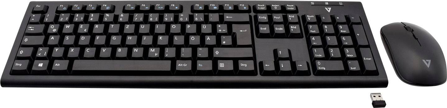V7 Videoseven CKW200DE Funk Tastatur, Maus-Set Spritzwassergeschützt Deutsch, QWERTZ Schwarz