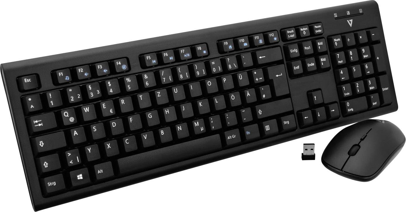 V7 Videoseven CKW200DE Funk Tastatur, Maus-Set Spritzwassergeschützt Deutsch, QWERTZ Schwarz
