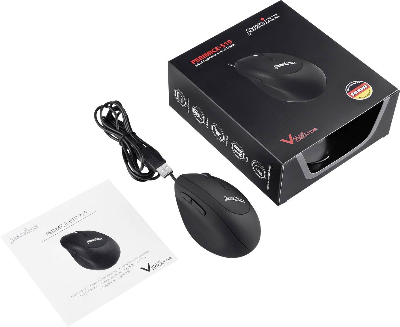 Perixx Perimice-519 Ergonomische Maus USB Optisch Schwarz 6 Tasten 1600 dpi Ergonomisch