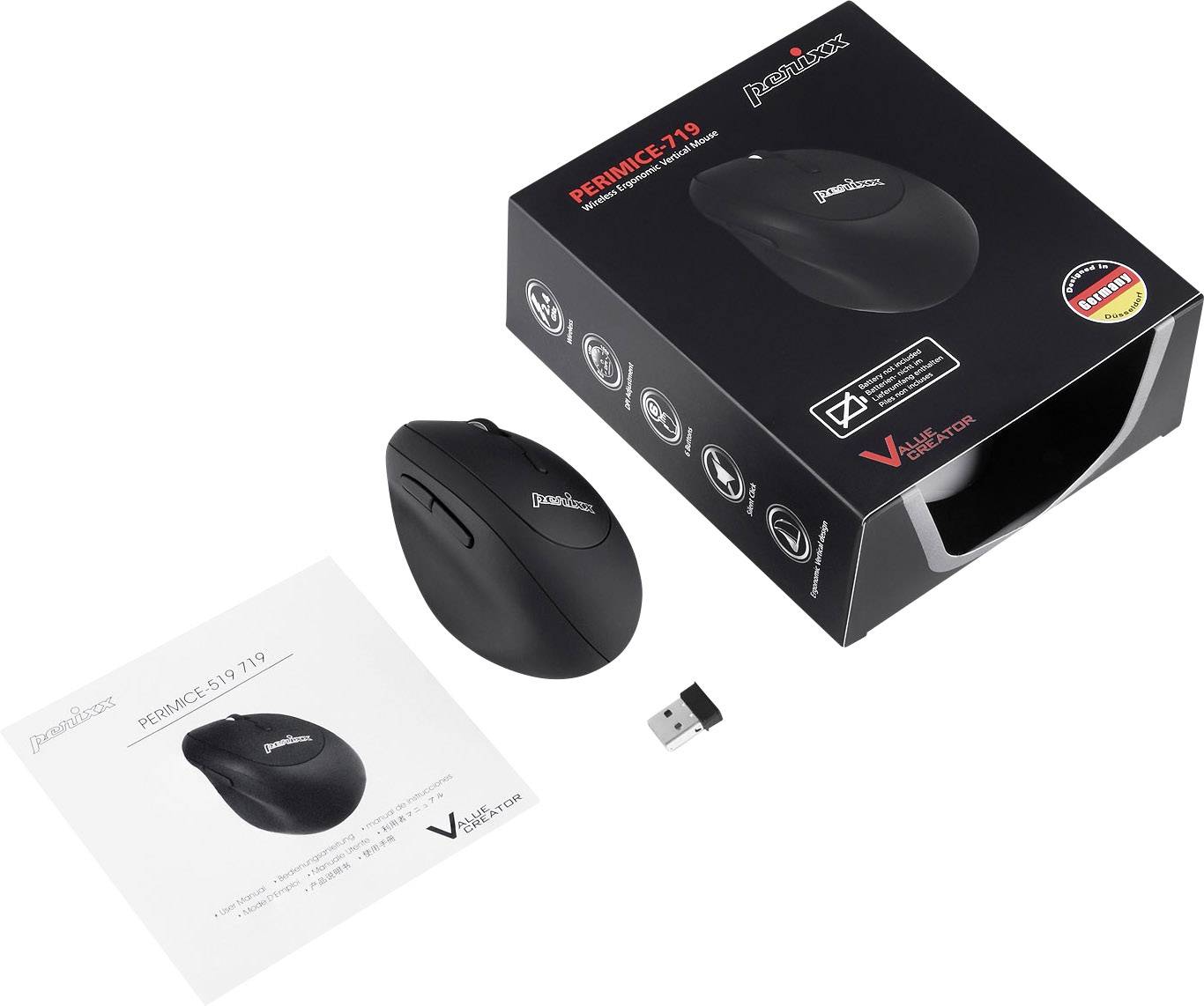 Perixx Perimice-719 Ergonomische Maus Funk Optisch Schwarz 6 Tasten 1600 dpi Ergonomisch