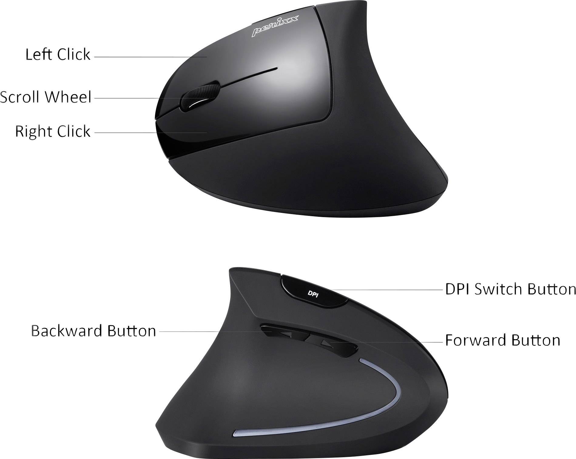Perixx Perimice-713L Ergonomische Maus USB Optisch Schwarz 5 Tasten 2000 dpi Ergonomisch