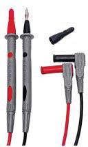 Zwei Messleitungen für ein Multimeter, eine rot und eine schwarz, mit austauschbaren Steckern und Abdeckungen.