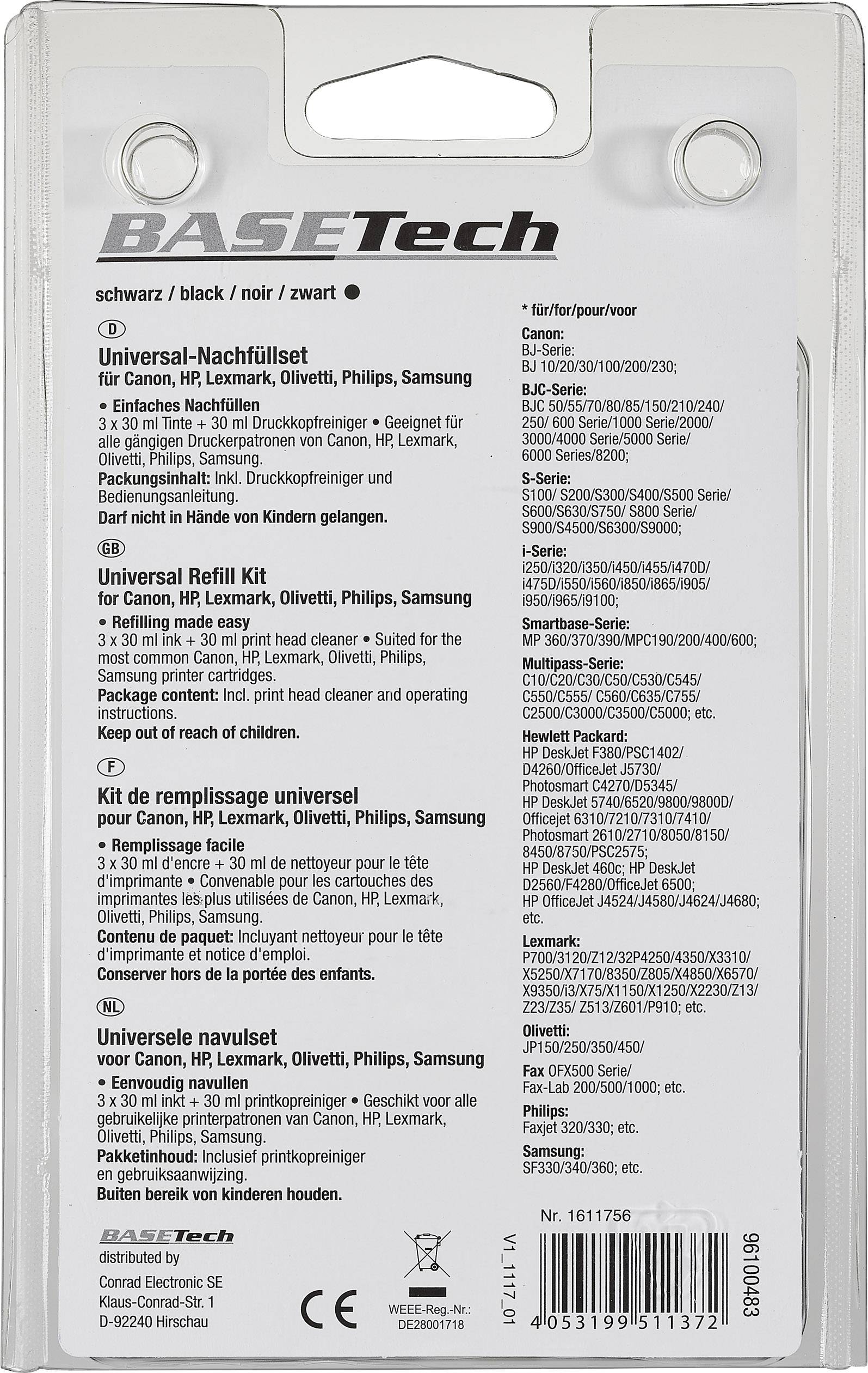Basetech BT-1611756 Tintenpatronen-Nachfüllset Passend für Geräte des Herstellers: Canon, HP, Lexmark Schwarz Tintenmenge gesamt: 90 ml