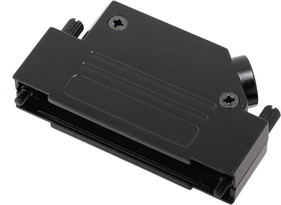 Schwarzes, rechteckiges elektronisches Gerät mit zwei Schrauben auf der Oberseite.