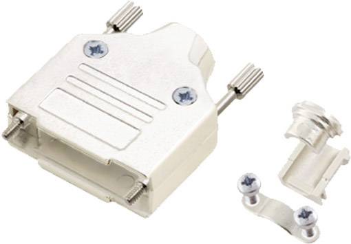 Metall-Steckergehäuse mit seitlichen Schrauben und separaten Befestigungskomponenten. Ideal für Kabel- und Verbindungsanwendungen.