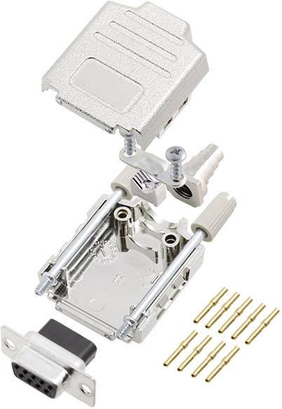 Ein zerlegter D-Sub-Stecker-Kit mit Gehäuse, Schrauben, Steckkontakten und Kabelklemmen. Geeignet für die Verbindungskonfiguration.