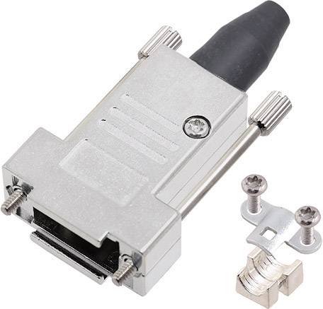 Ein silberfarbener D-Sub-Stecker mit Schrauben und Kabelanschluss.