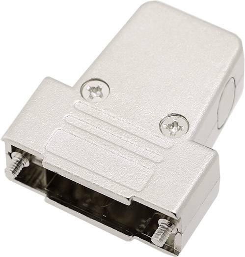 Ein silberner D-Sub-Stecker mit zwei Schrauben zur Befestigung.