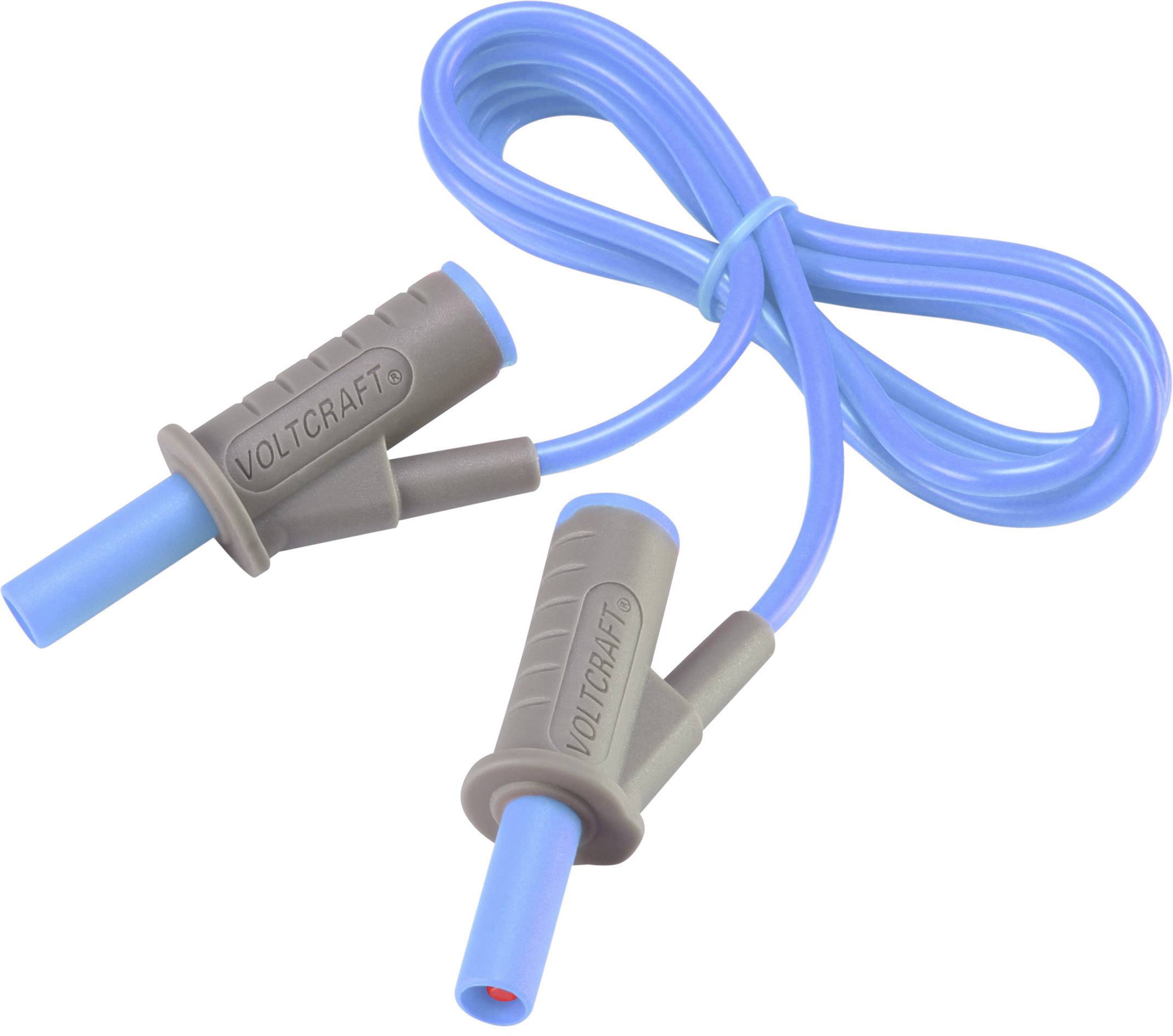 Ein blaues Messkabelpaar der Marke Voltcraft. Das Kabel ist mehrfach gewickelt und die Stecker sind grau mit blauen Spitzen.