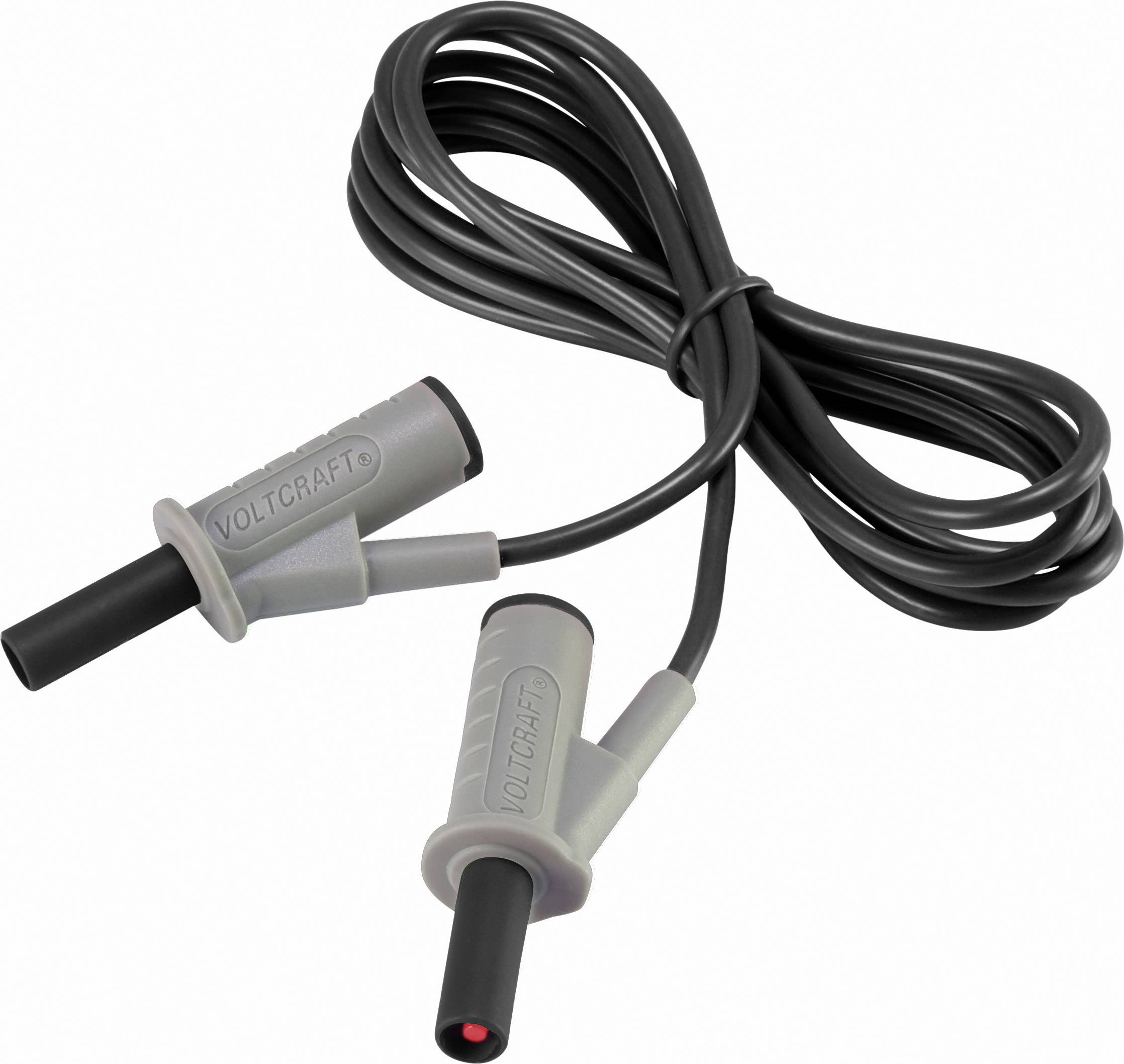 'Voltcraft' Marken-Paar Prüfkabel mit schwarzem Kabel und grauen, isolierten Steckern, geeignet für Elektrotests und Messungen.