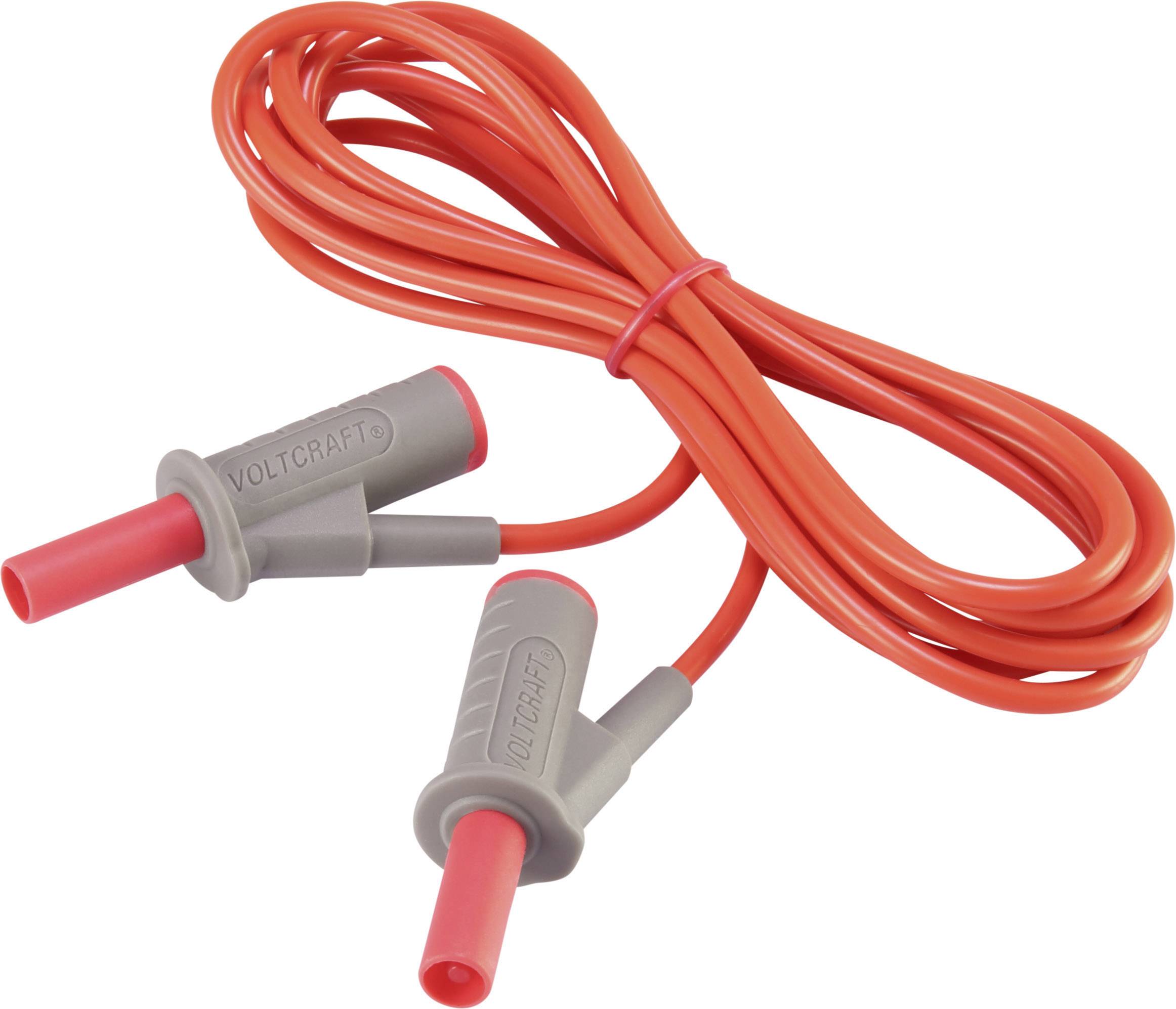Rotes Messkabel von Voltcraft mit zwei grauen Steckverbindungen, gezeigt auf weißem Hintergrund.