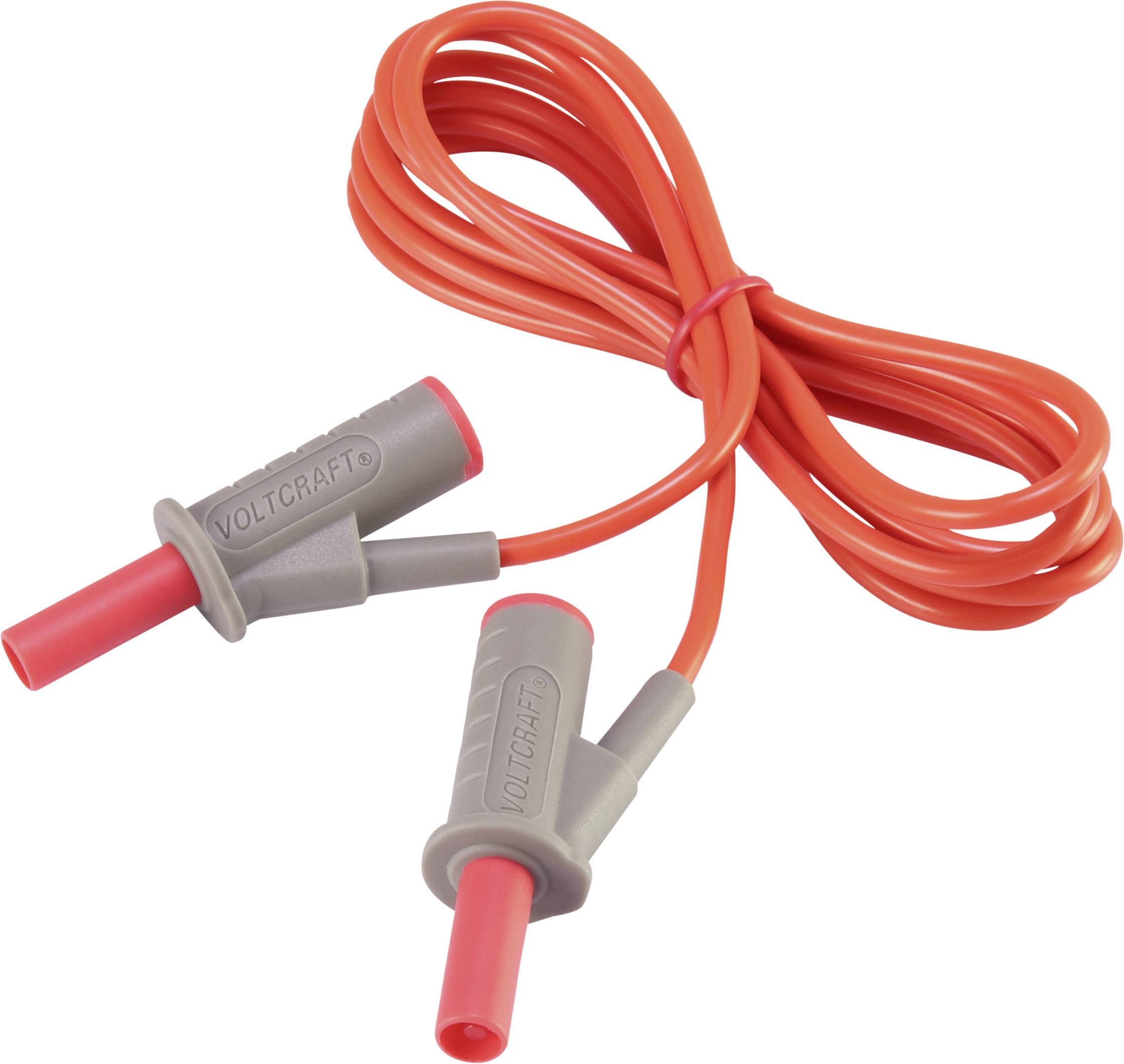 Rotes Messkabel von Voltcraft mit zwei grauen Steckverbindungen.