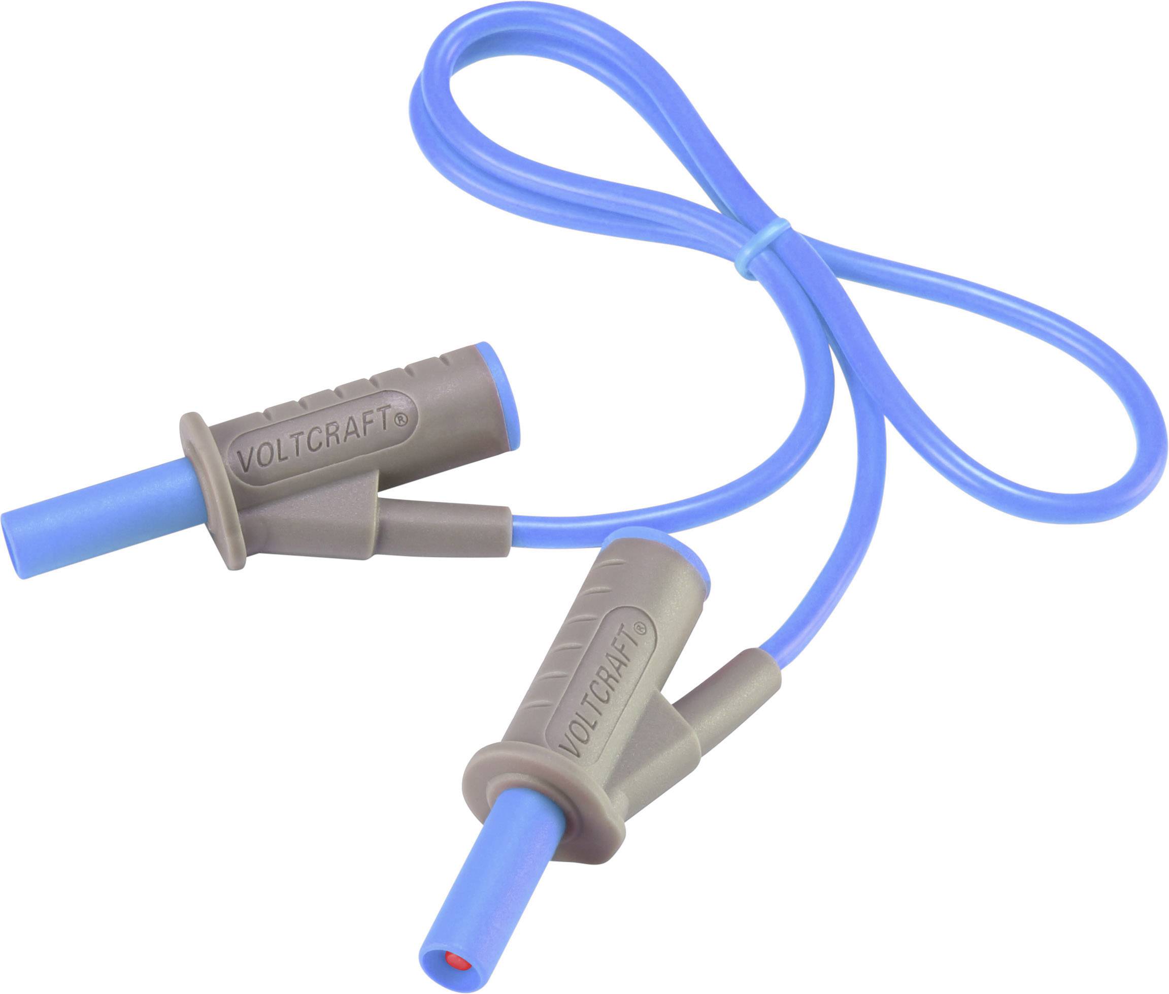 Ein blaues Verlängerungskabel mit zwei Anschlüssen, beschriftet mit 'Voltcraft', für elektronische Anwendungen.