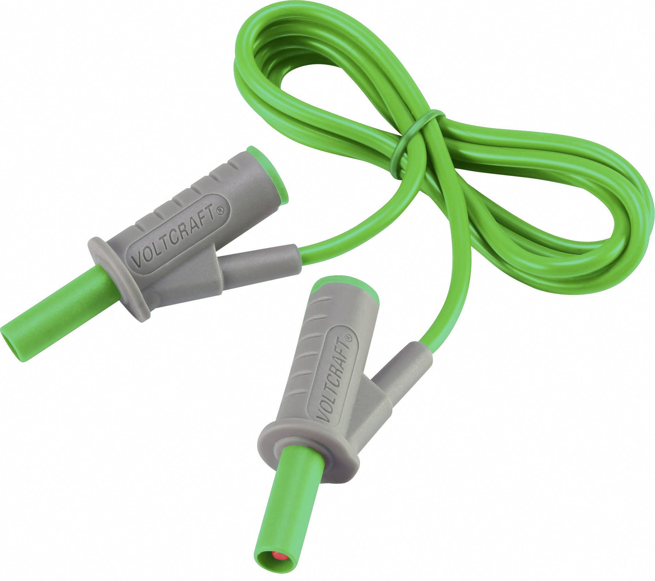 Grünes Kabel mit zwei Steckverbindern, beide mit der Aufschrift 'VOLCRAFT', für elektronische Verbindungen genutzt.