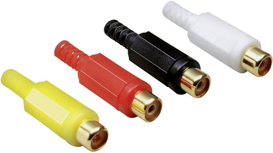 Vier RCA-Stecker in den Farben Gelb, Rot, Schwarz und Weiß auf weißem Hintergrund, verwendet für Audio- und Videoverbindungen.
