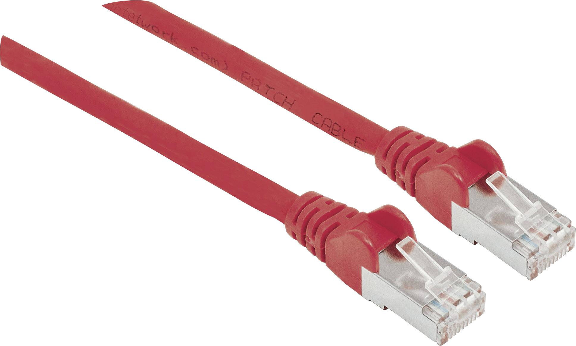 Zwei rote Netzwerkkabel mit RJ45-Steckern nebeneinander liegend.