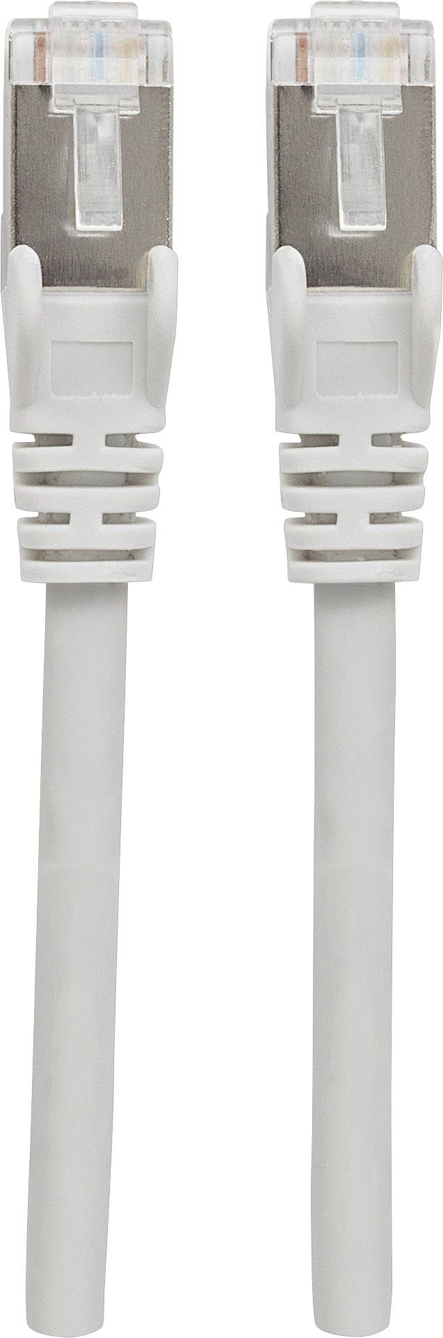 Zwei weiße Ethernet-Kabel mit transparenten RJ45-Steckern.
