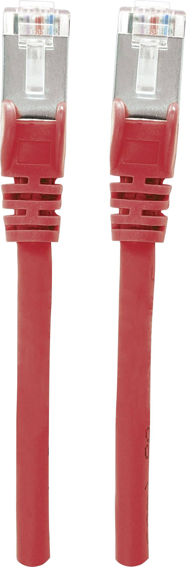 Zwei rote Ethernet-Kabel nebeneinander mit silbernen Steckern, genutzt für Netzwerkverbindungen.