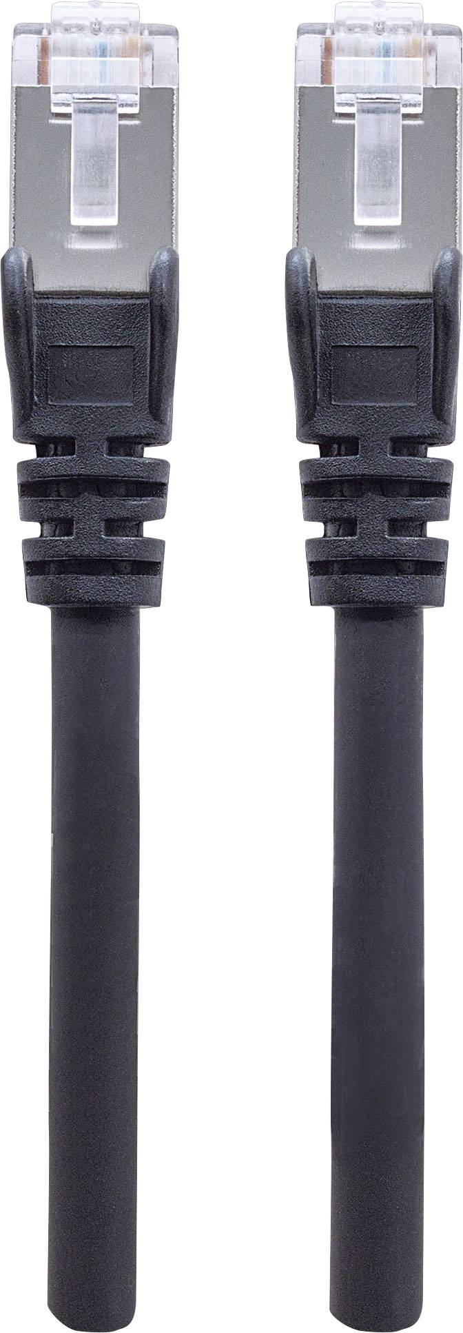 Zwei schwarze Ethernet-Kabel mit RJ45-Steckern, nebeneinander. Sie sind für Netzwerkverbindungen in Computernetzwerken gedacht.