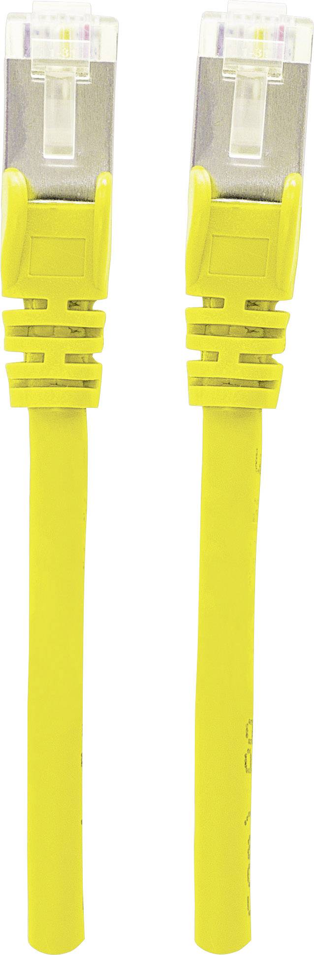 Zwei gelbe Ethernet-Kabel mit Metallsteckern nebeneinander, geeignet für Netzwerkverbindungen.