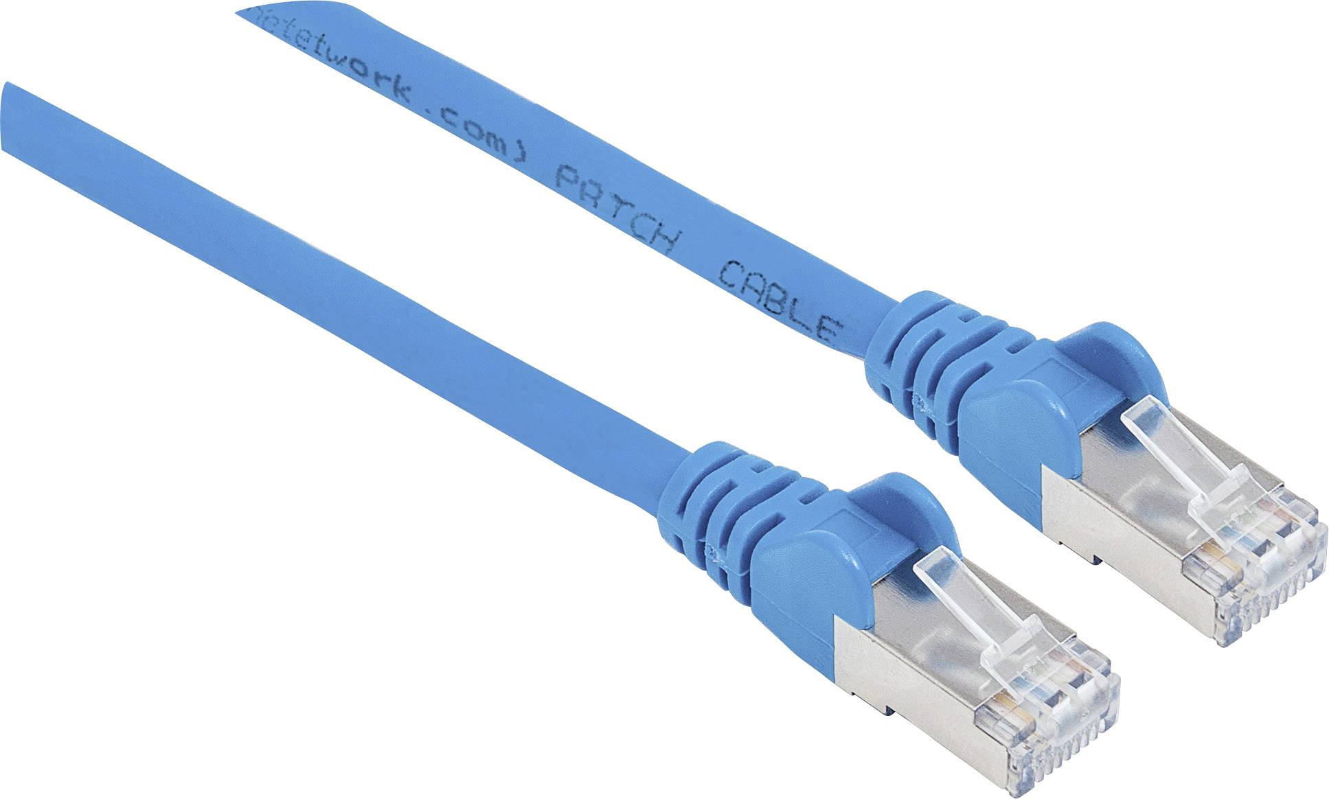 Ein blaues Ethernet-Patchkabel mit zwei RJ45-Steckern an beiden Enden, verwendet für Netzwerkanbindungen.