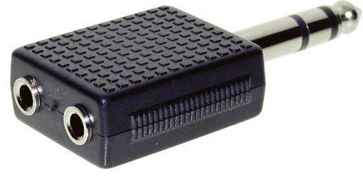 Schwarzer Audio-Adapter mit 6,3 mm Stecker und zwei 3,5 mm Buchsen, ermöglicht Anschluss von zwei Kopfhörern an einem Gerät.