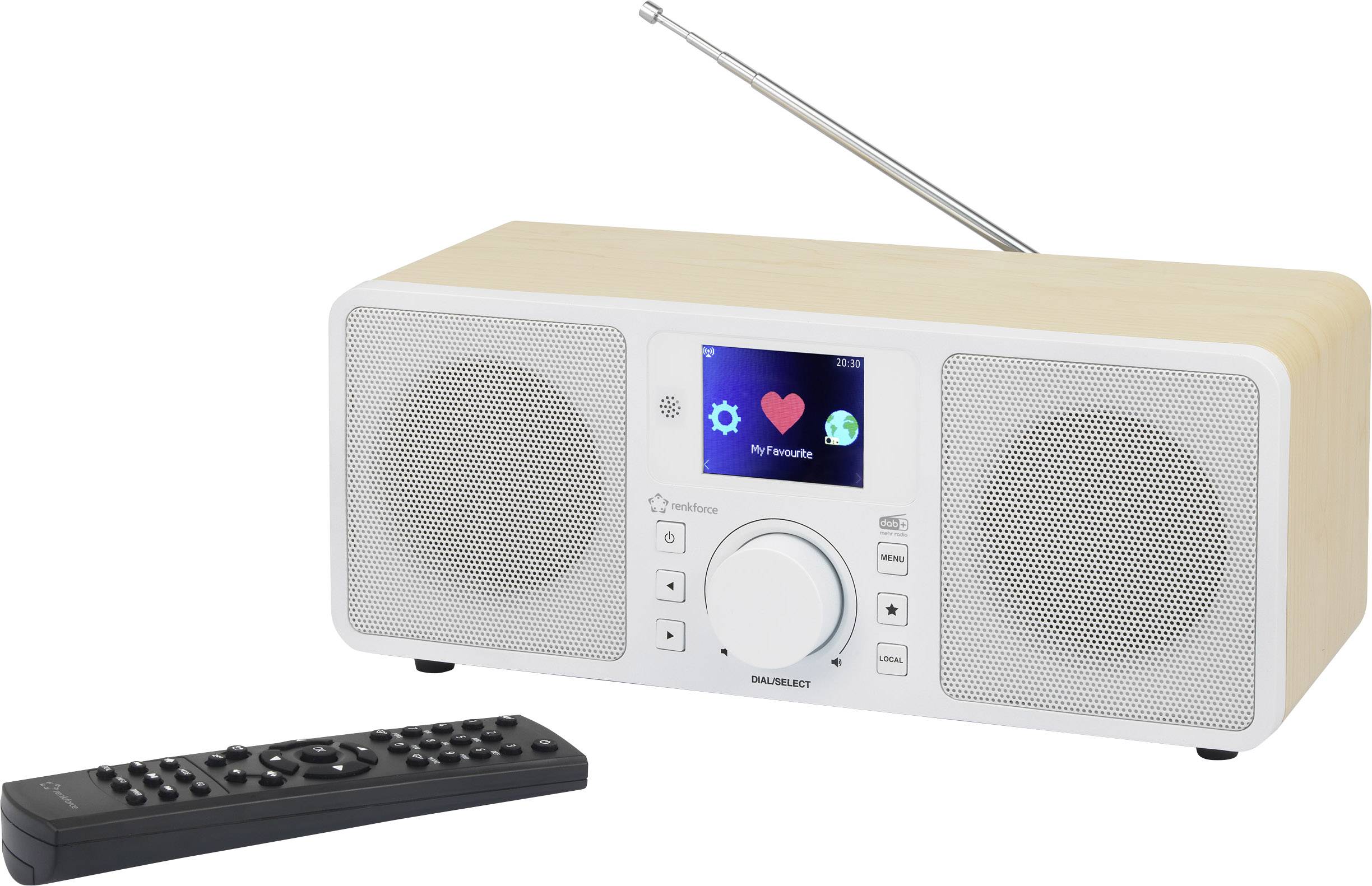 Renkforce RF-IRDAB-RETRO1 Internet Tischradio DAB+, UKW, Internet AUX, Bluetooth®, WLAN, LAN, Internetradio DLNA-fähig Holz