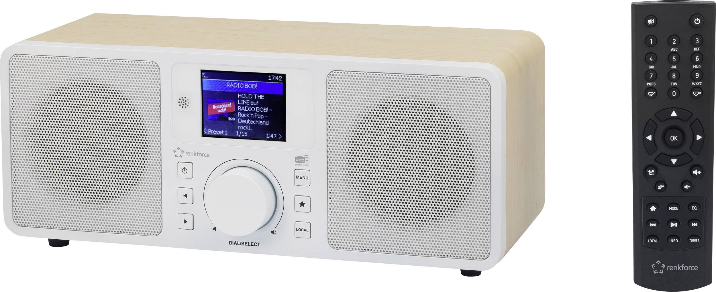 Renkforce RF-IRDAB-RETRO1 Internet Tischradio DAB+, UKW, Internet AUX, Bluetooth®, WLAN, LAN, Internetradio DLNA-fähig Holz