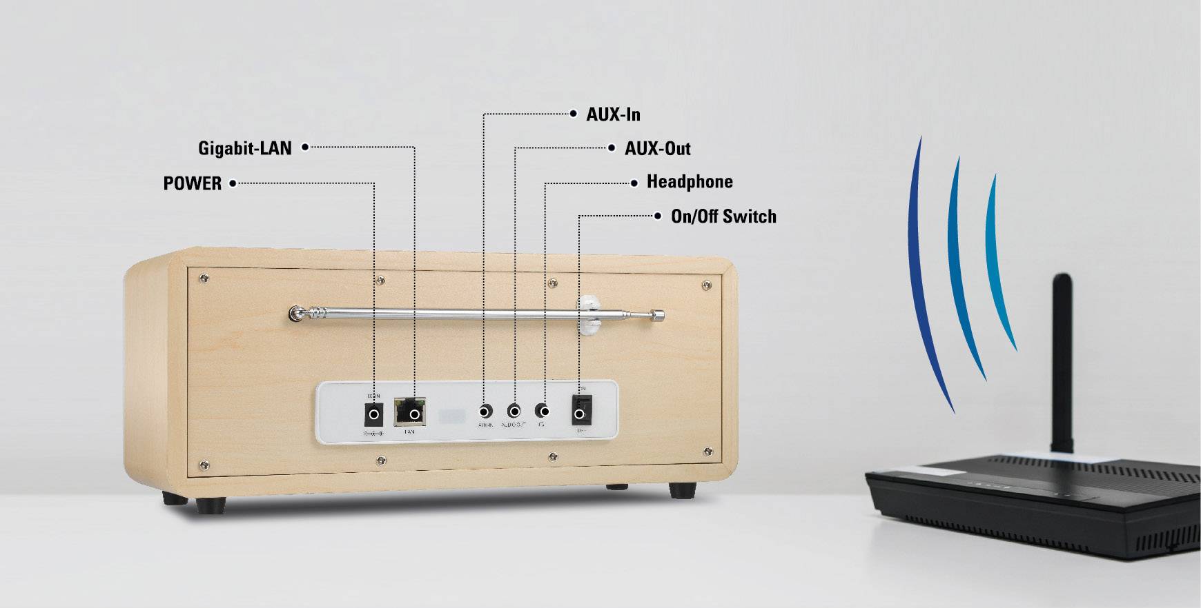 Renkforce RF-IRDAB-RETRO1 Internet Tischradio DAB+, UKW, Internet AUX, Bluetooth®, WLAN, LAN, Internetradio DLNA-fähig Holz