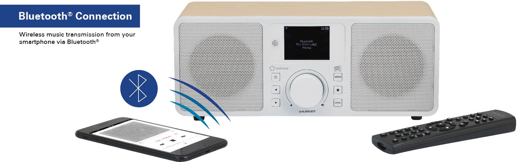 Renkforce RF-IRDAB-RETRO1 Internet Tischradio DAB+, UKW, Internet AUX, Bluetooth®, WLAN, LAN, Internetradio DLNA-fähig Holz