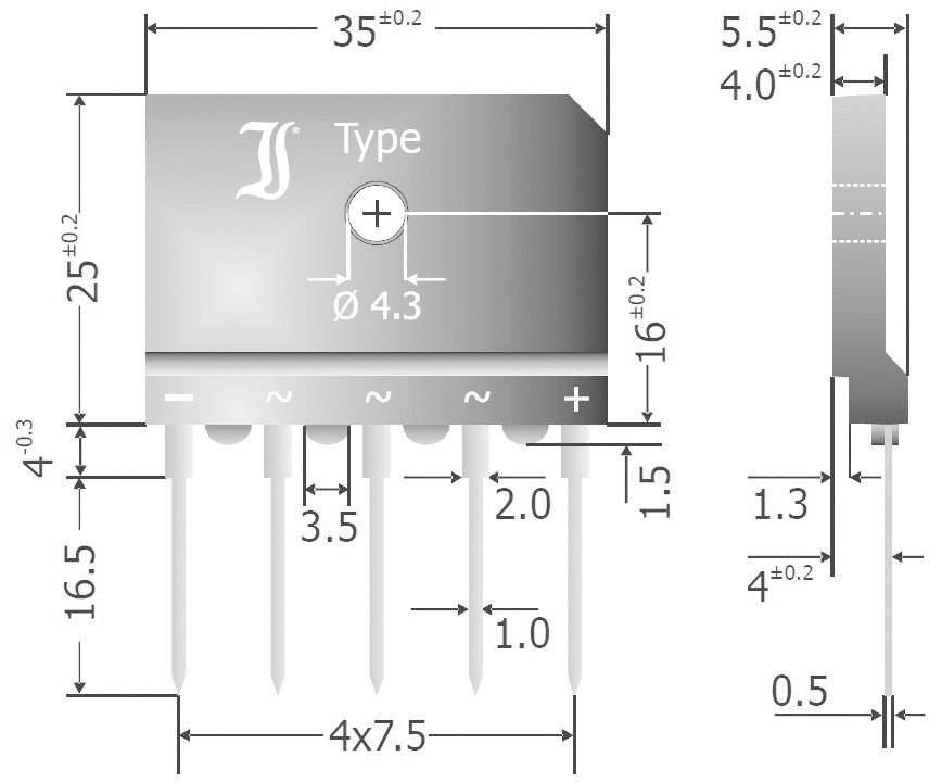 Technische Zeichnung eines elektronischen Bauteils mit Maßangaben in Millimetern. Enthält Symbole für elektrischen Anschluss.