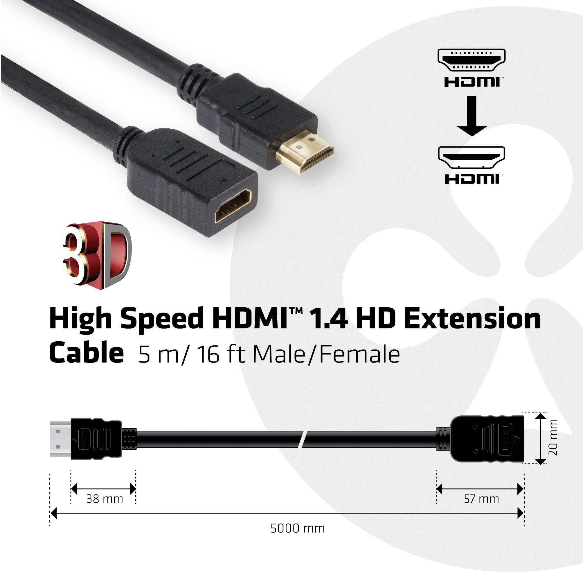 Hochgeschwindigkeits-HDMI 1.4 HD-Verlängerungskabel, 5 m, männlich/weiblich, zeigt Kabelanschlüsse und Abmessungen.