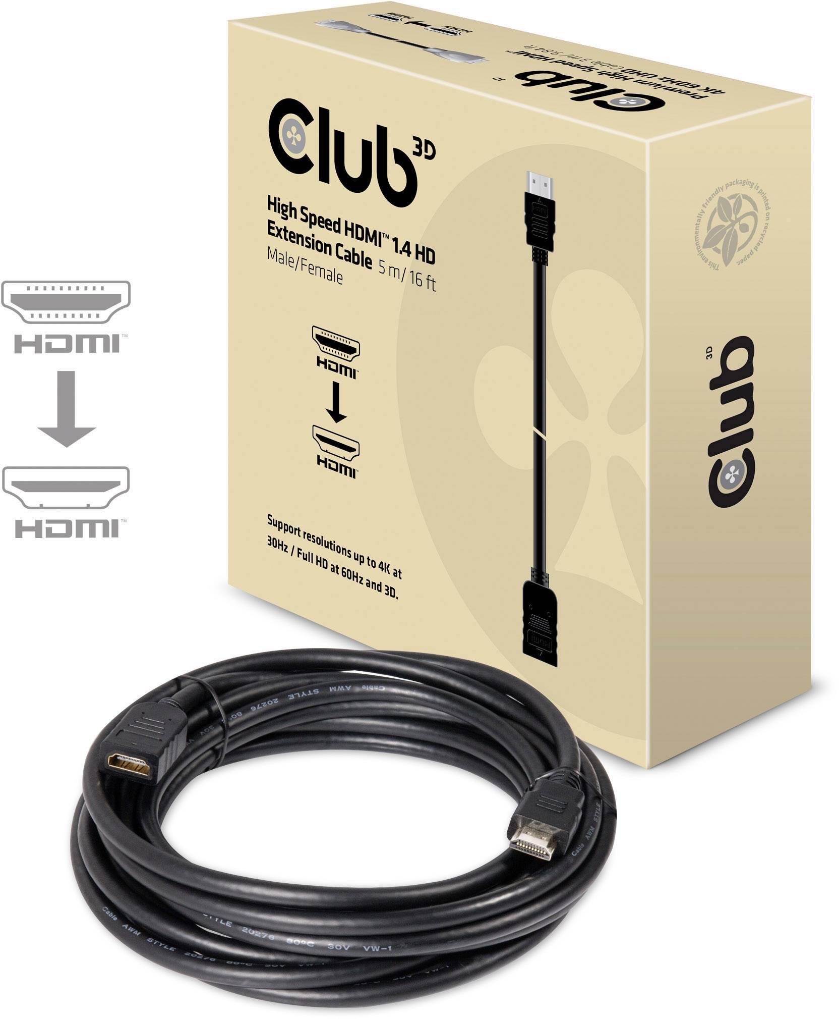 Club 3D High Speed HDMI 1.4 Verlängerungskabel, 5 m. Verpackung zeigt Bild des Kabels und Buchsenarten.