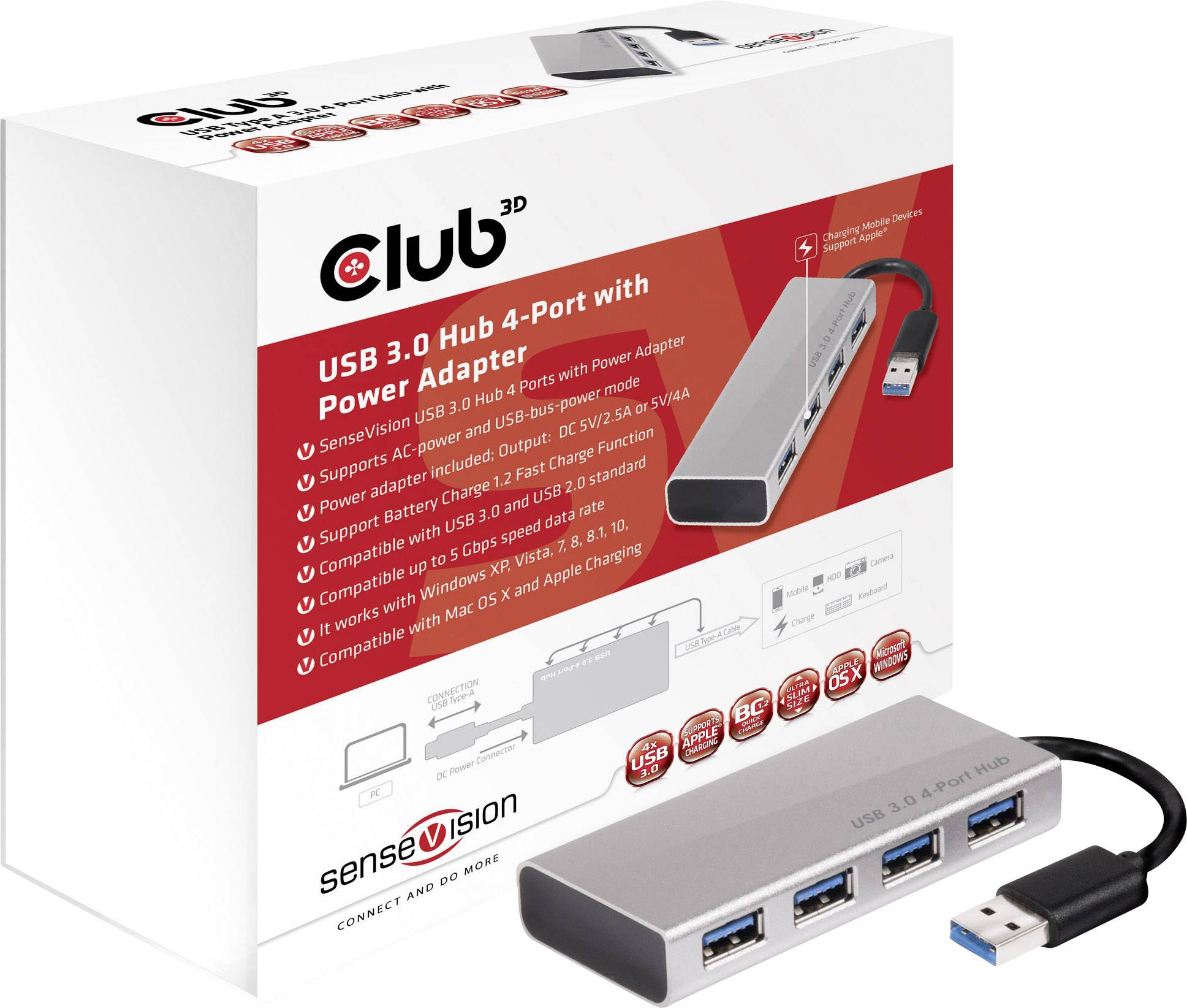 club3D CSV-1431 4 Port USB 3.2 Gen 1-Hub (USB 3.0) mit Aluminiumgehäuse, mit Schnellladeport Aluminium (gebürstet)