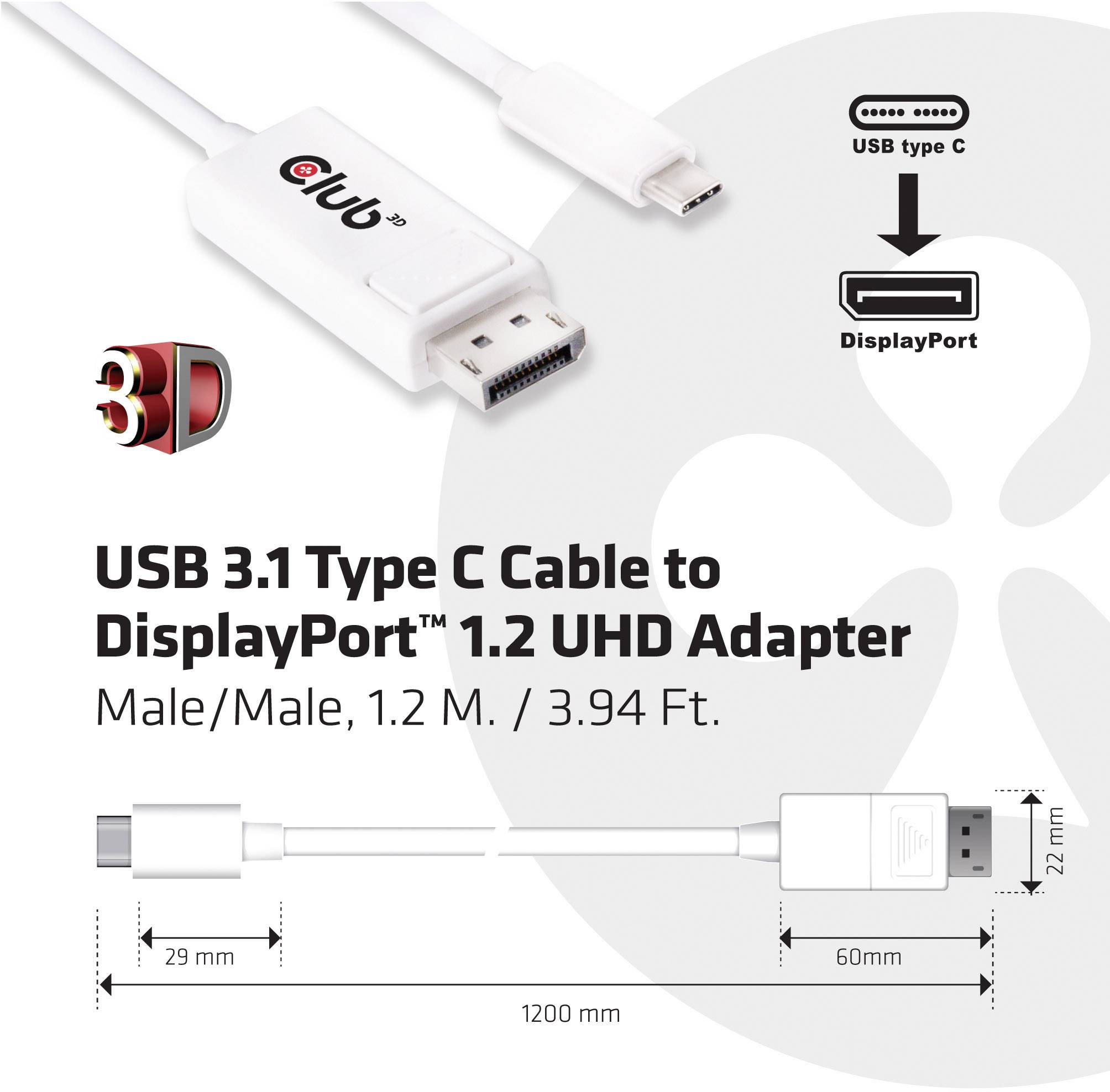 USB 3.1 Type C zu DisplayPort 1.2 UHD Adapter, männlich/männlich, 1,2 m. Detaillierte Maße des Kabels angegeben.