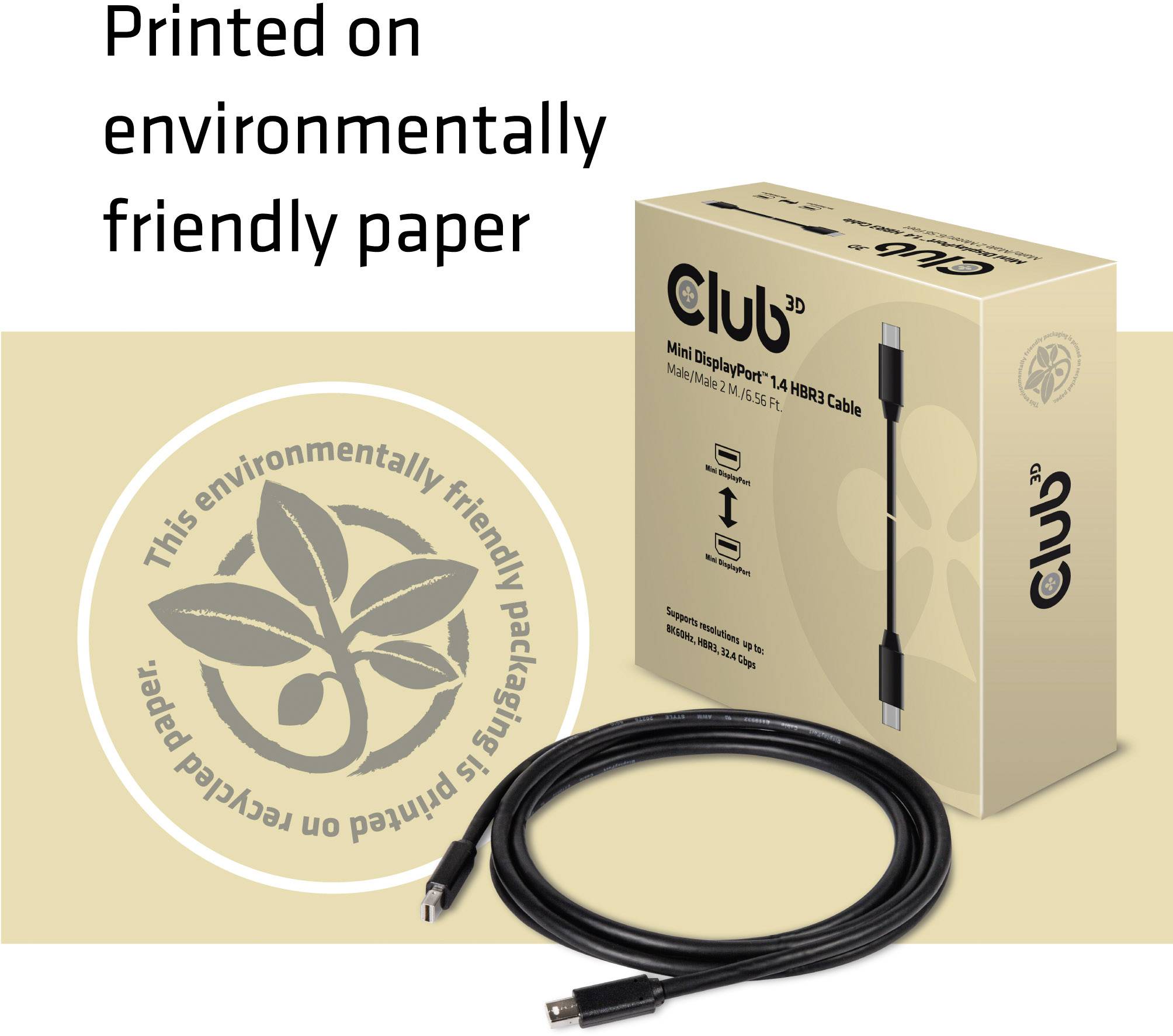 Verpackung und Kabel 'Club 3D Mini DisplayPort 1.4' auf umweltfreundlichem Papier gedruckt. Nachhaltiges Design mit Recycling-Logo.