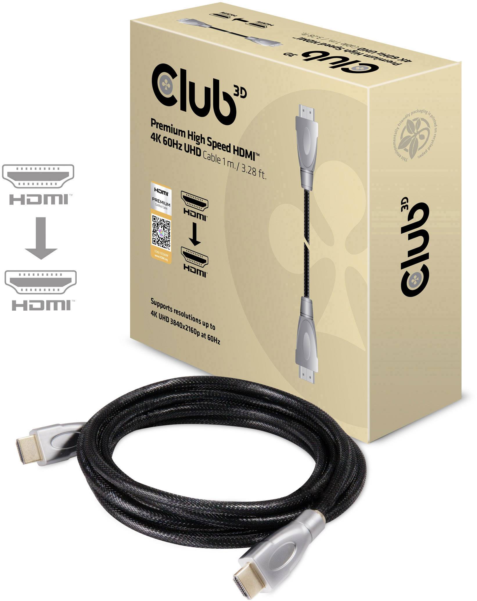 Club3D HDMI Anschlusskabel HDMI-A Stecker, HDMI-A Stecker 1.00m Schwarz, Silber CAC-1311 4K UHD, Folienschirm, UL-zertifiziert