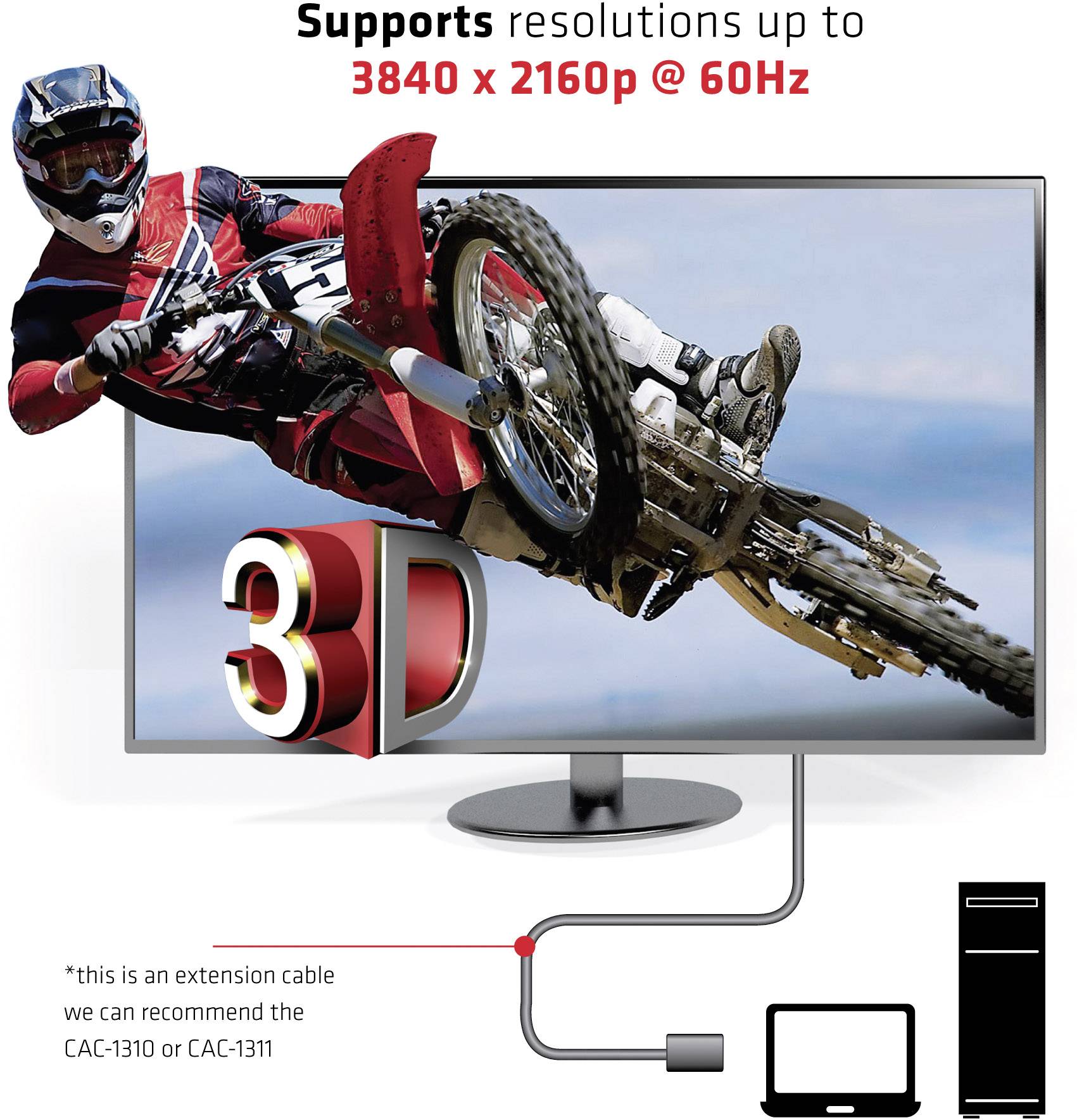 Ein Motorradfahrer in Aktion springt aus einem Bildschirm. Text: 'Unterstützt Auflösungen bis zu 3840 x 2160p @ 60Hz.' Verbindungsdiagramm zeigt Kabel zu Monitor.