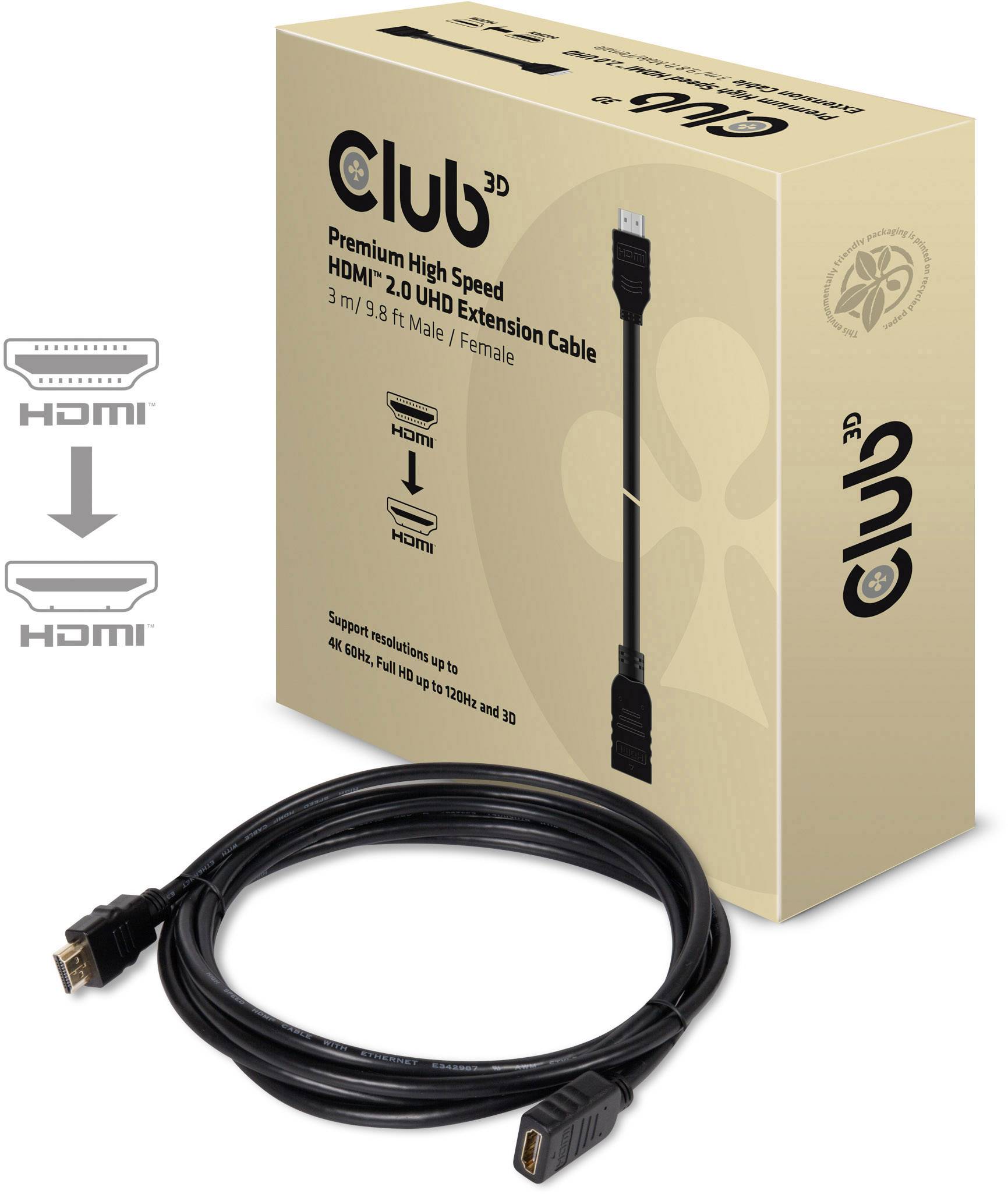 Verlängerungskabel Club 3D HDMI 2.0, Premium High Speed, 3 Meter, 4K-Auflösung, Abbildung zeigt Stecker und Verpackung.