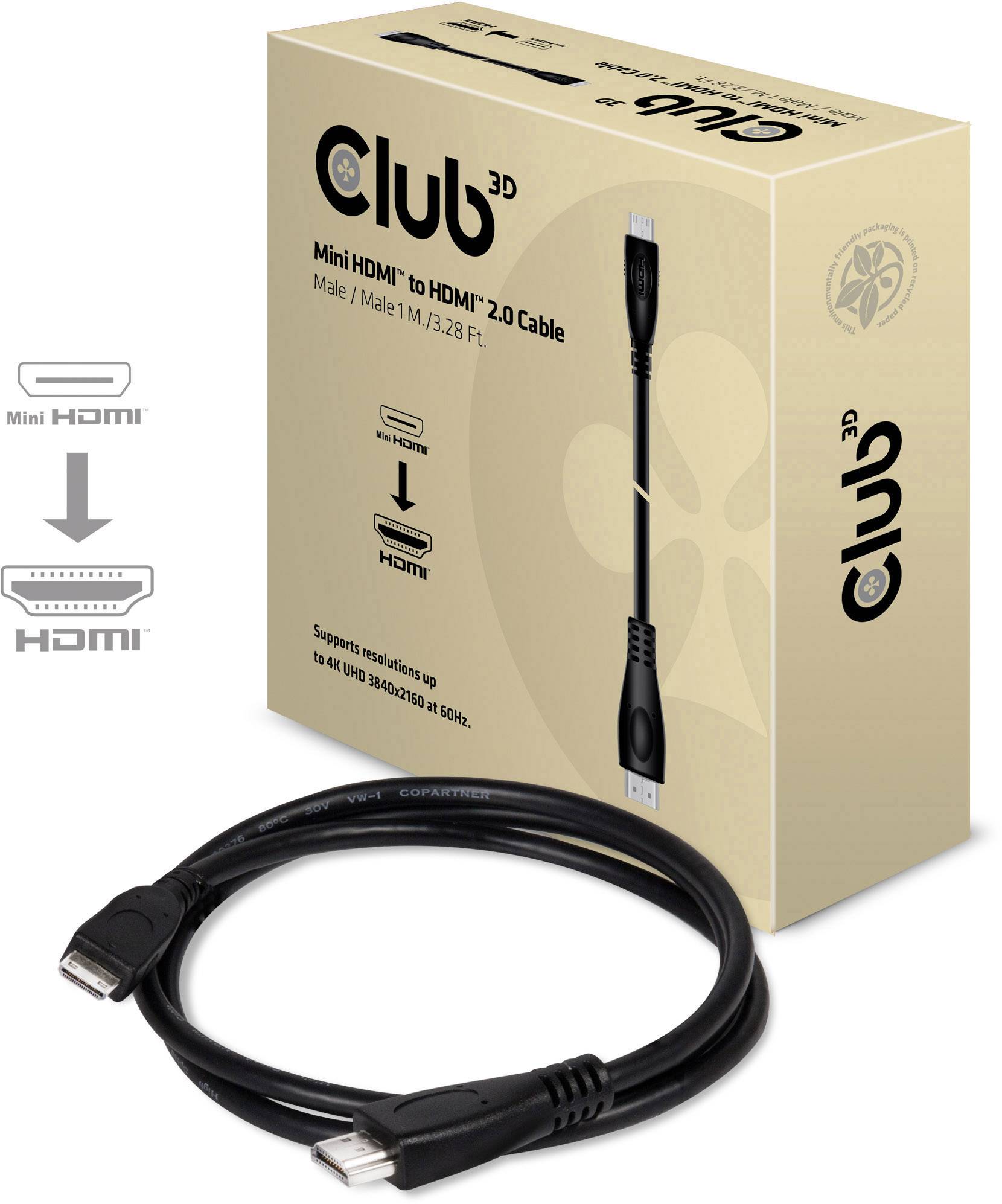 'Club 3D Mini HDMI auf HDMI 2.0 Kabel' Verpackung zeigt Kabel und Ports. Unterstützt Auflösungen bis 3840x2160 bei 60Hz.
