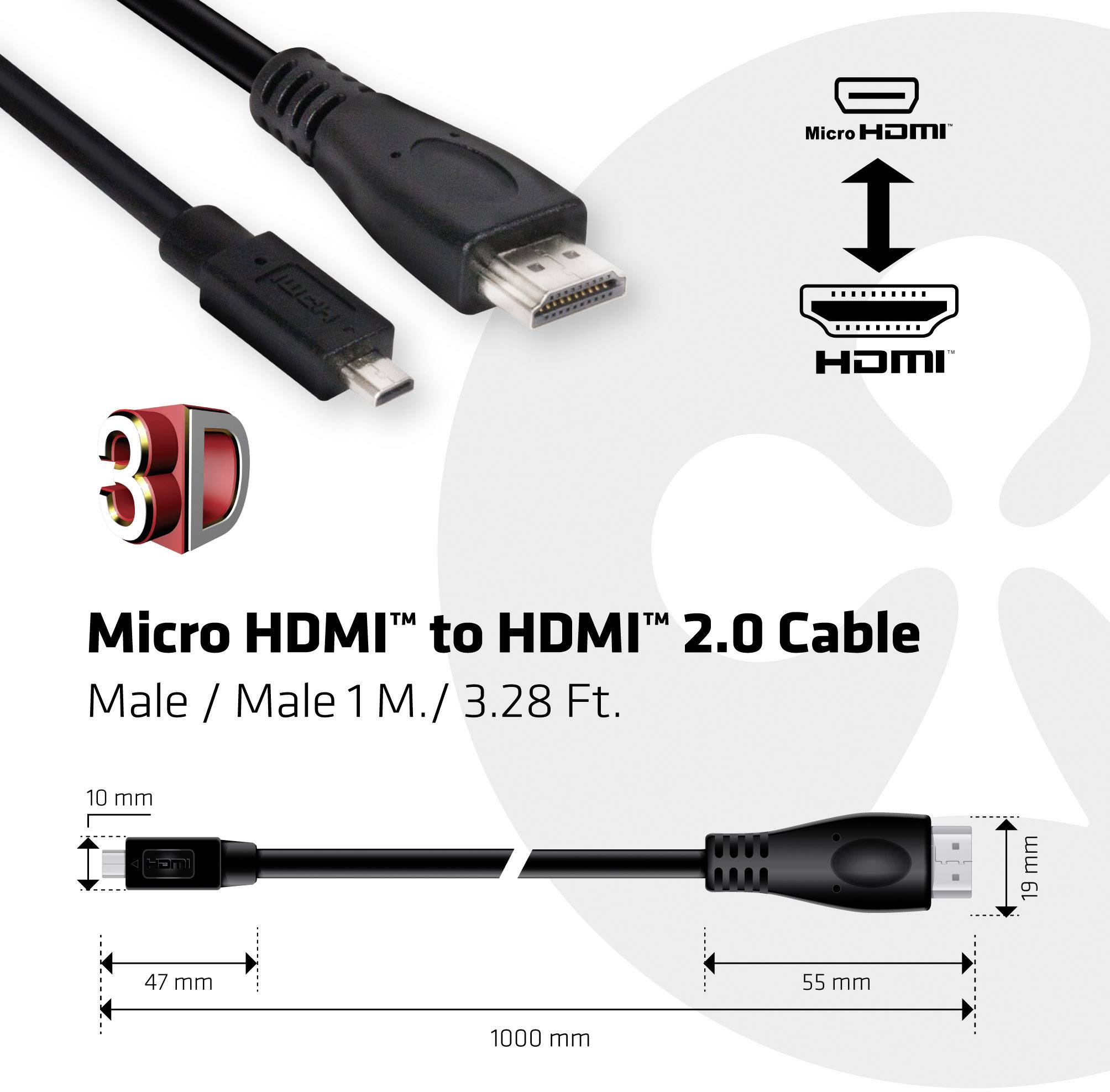 Club3D HDMI Anschlusskabel HDMI-Micro-D Stecker, HDMI-A Stecker 1.00m Schwarz CAC-1351 4K UHD HDMI-Kabel