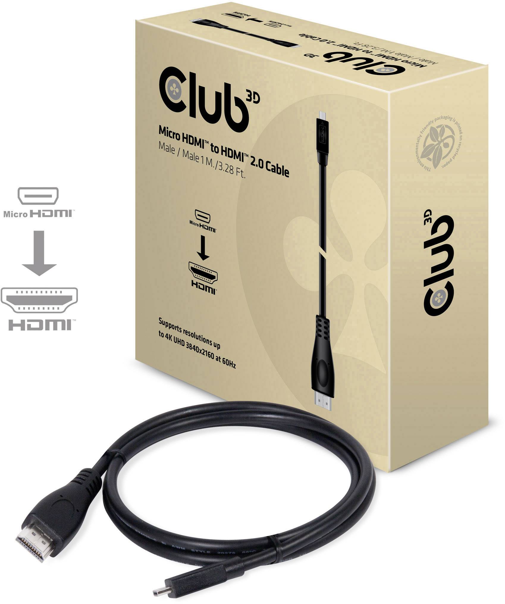 Club3D HDMI Anschlusskabel HDMI-Micro-D Stecker, HDMI-A Stecker 1.00m Schwarz CAC-1351 4K UHD HDMI-Kabel