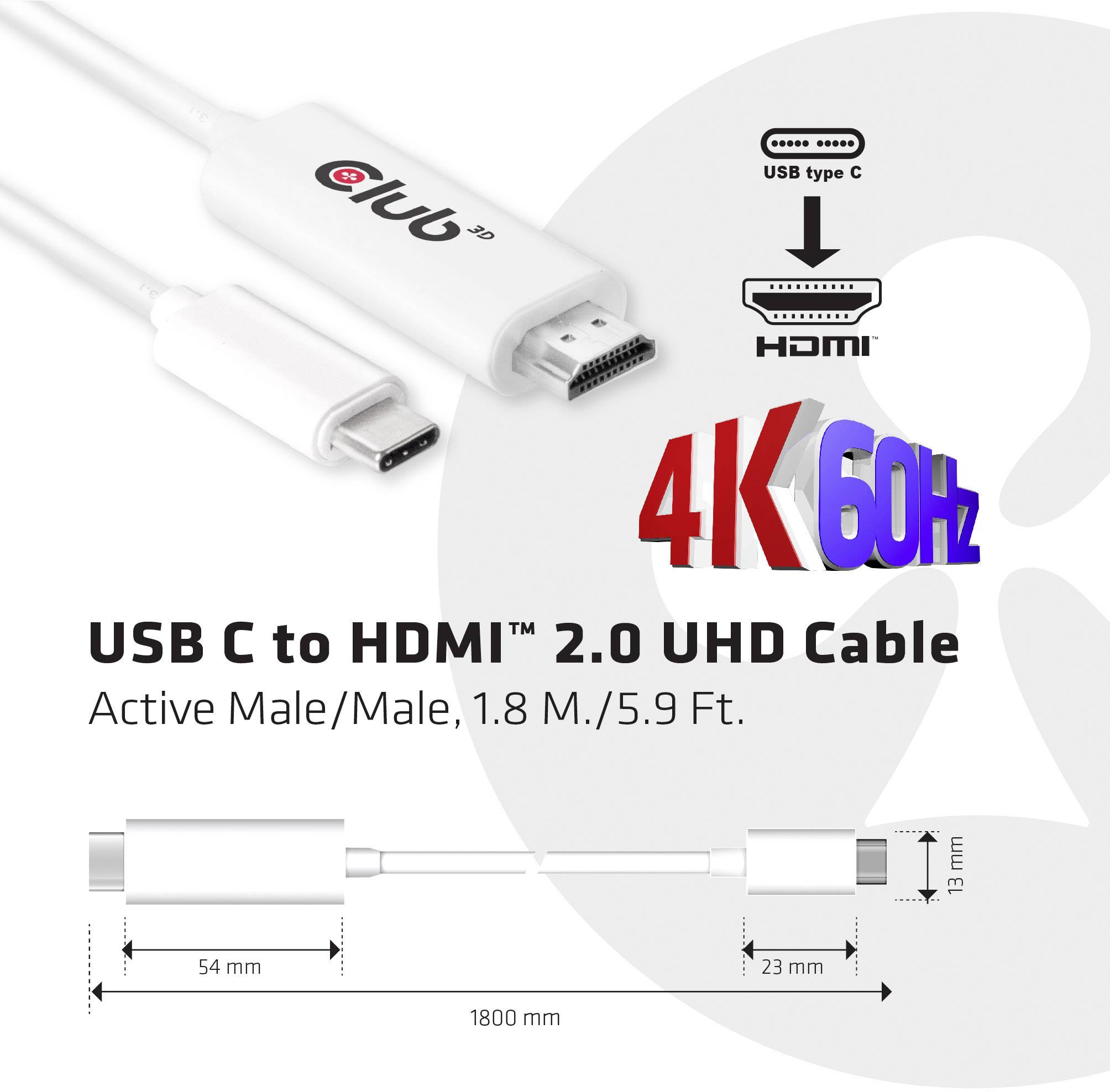 'USB C to HDMI 2.0 UHD Cable' Adapter; 1,8 m Länge; unterstützt 4K bei 60 Hz. Zeigt Steckerabmessungen und Verwendungszweck.