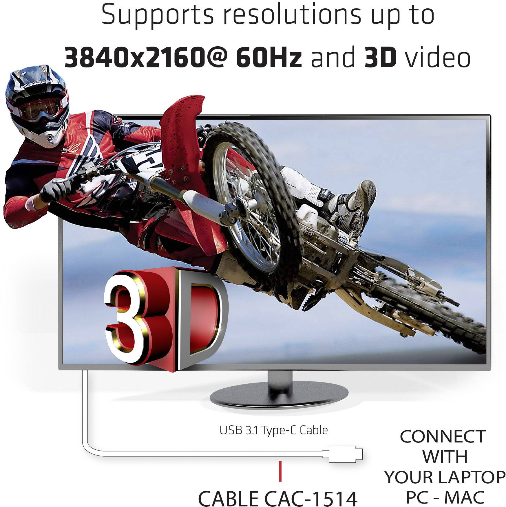 Ein Motocrossfahrer springt aus einem Monitor, der 3D-Video in 3840x2160@60Hz anzeigt. Text: 'USB 3.1 Type-C Cable CAC-1514'.