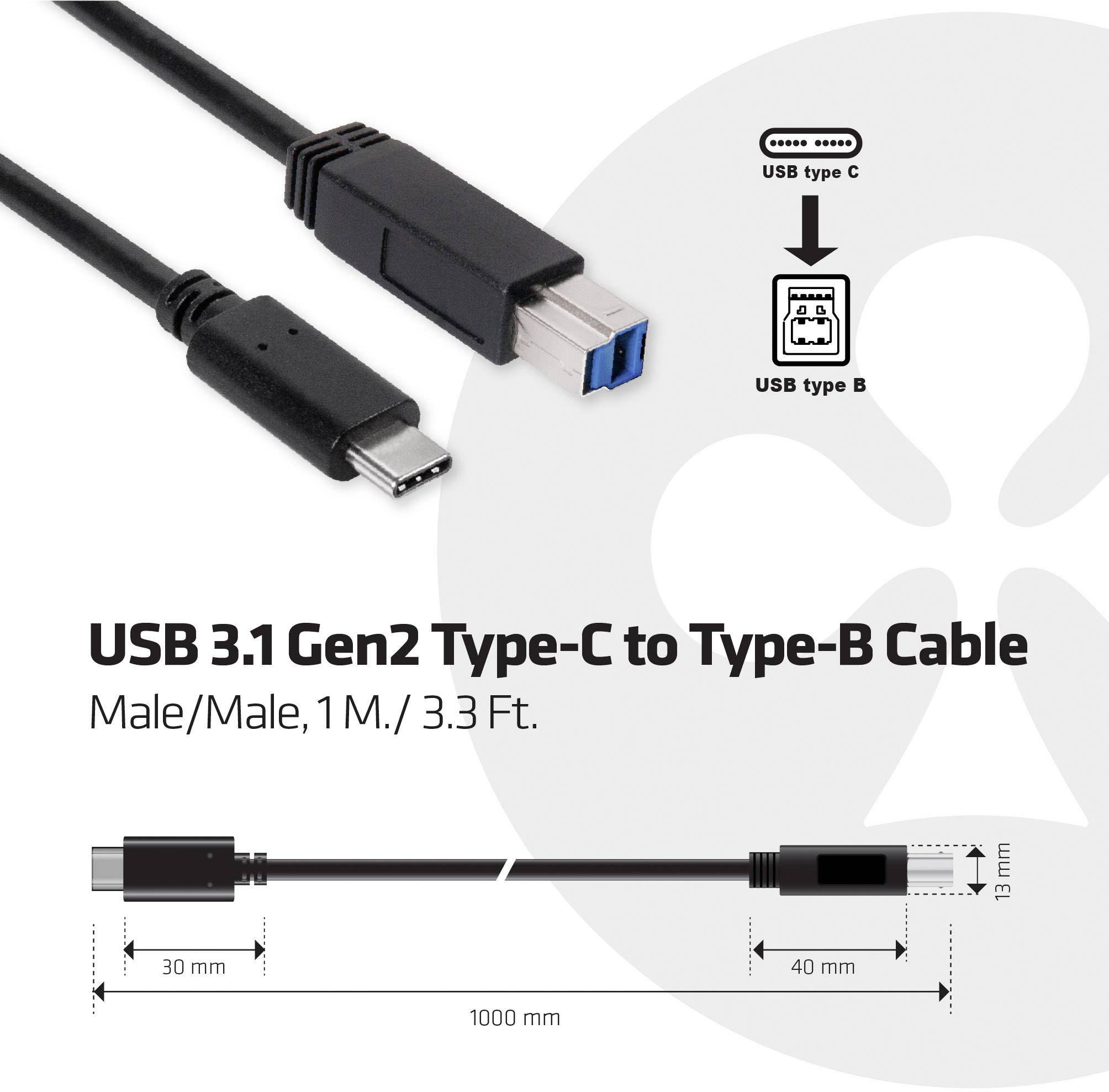 USB 3.1 Gen2 Typ-C-zu-Typ-B-Kabel. Länge 1 Meter. Schwarzes Kabel mit silbernen und blauen Anschlüssen.