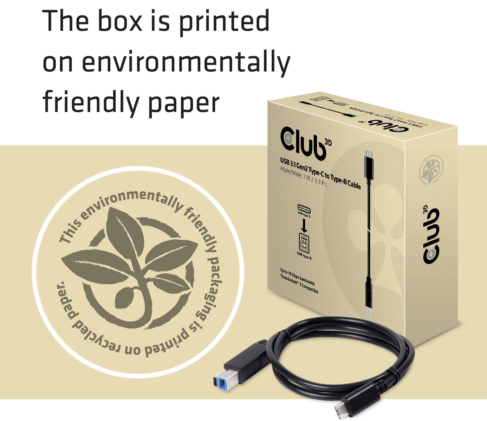 Kartonverpackung mit Aufdruck 'This environmentally friendly package is printed on recycled paper'. Enthält ein USB-Kabel.