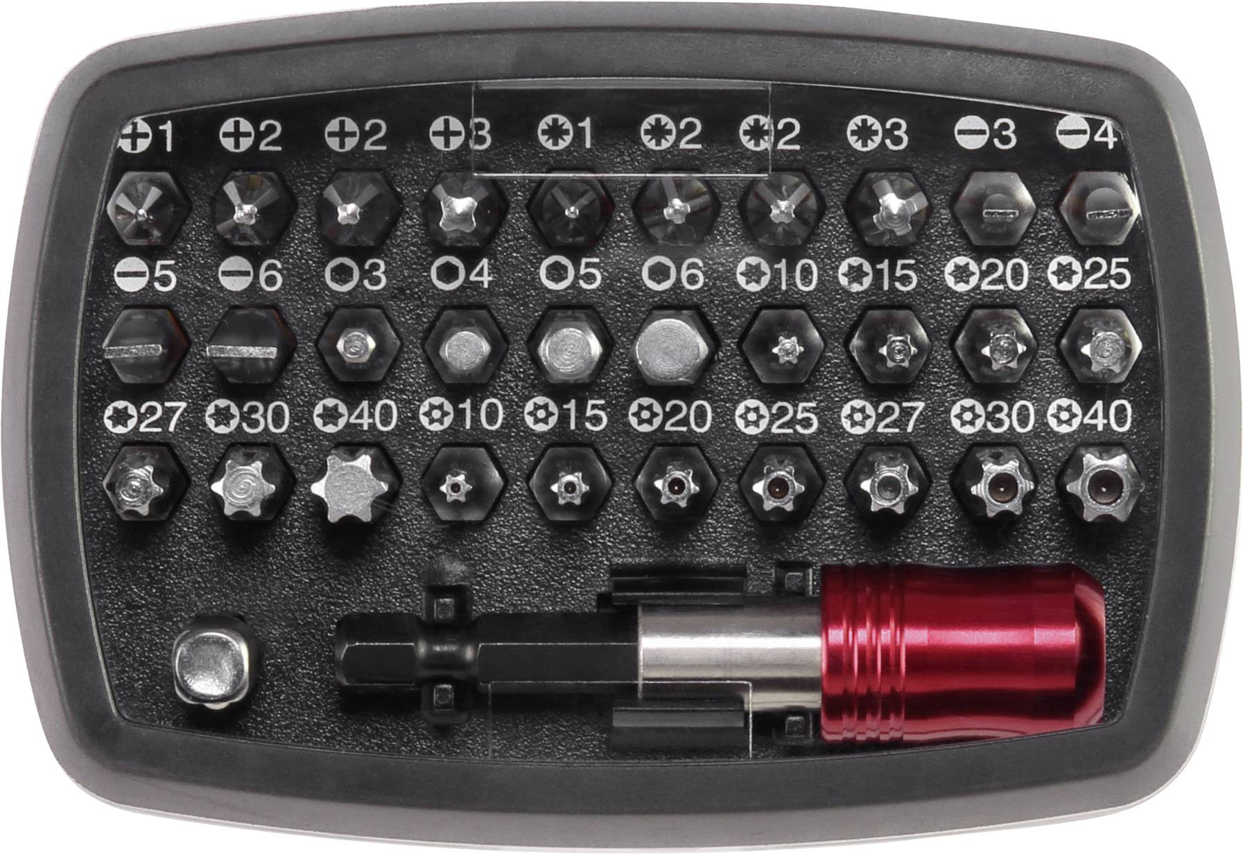 Ein Set aus 44 Schraubendreher-Bits in verschiedenen Formen und Größen, inklusive einem roten Griff, organisiert in einer schwarzen Box.